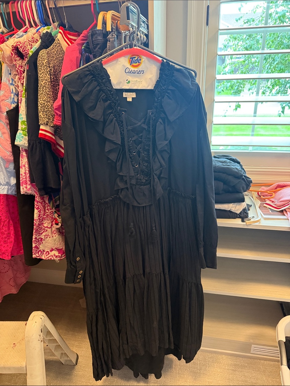 Pilcro Black Ruffle Lace-Up Tiered Long-Sleeve Dress